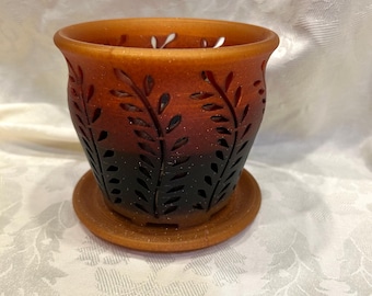 Orchid Pot Medium (4 inch / 10.2 cm Diameter) 3D Printed Canadian Amber Burnt Orange Burnt Umber Gradient Filament, Fern design