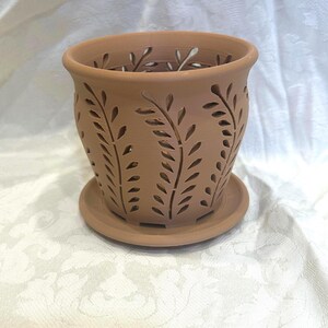 Orchid Pot Small (3 inch / 8 cm Diameter) 3D Printed Desert Brown Filament, Fern Design Matt Finish. Email me for other sizes