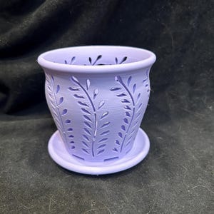 Orchid Pot Small (3 inch / 8 cm Diameter)  3D Printed Light Purple / Lilac Filament, Fern Design Matte.  Finish; email me for other sizes