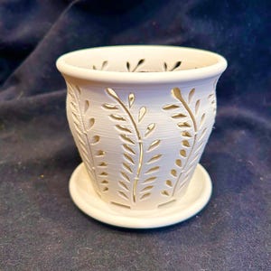 Orchid Pot  Small (3 inch / 8 cm Diameter) 3D Printed Vanilla Cream Filament, Fern Design Matte Finish; also listed in 4, 5, and 6 inches