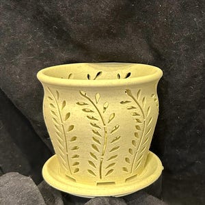 Orchid Pot Medium (4 inch / 10.2 cm Diameter) 3D Printed Pale Yellow Marble Filament, Fern Design Matte Finish; email me for 6 inch