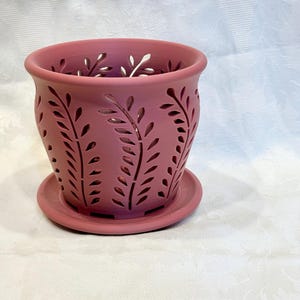 May include: A pink plastic planter with a decorative leaf design. The planter has drainage holes and a matching saucer.