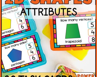 2D Shapes Attributes Task Cards | Geometry Counting Sides and Vertices | Kindergarten Math Centers