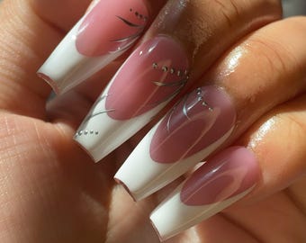 White Frenchies w/ Silver Nail Art | Press-On Nails
