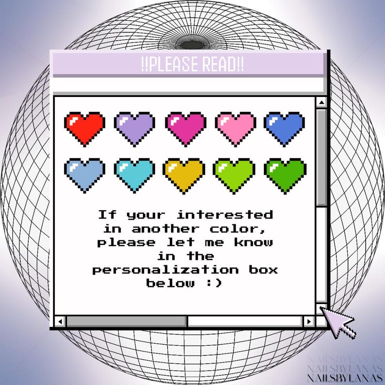 May include: A digital art image featuring a retro computer window with pixelated hearts in various colors: red, purple, pink, light pink, blue, light blue, yellow, green, and dark green. Text reads "!!PLEASE READ!!" and instructions for personalization.
