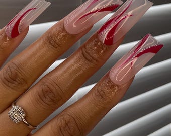 Red & White 90s/2000s Style Nail Art w/ glitter Accents | Press-On Nails