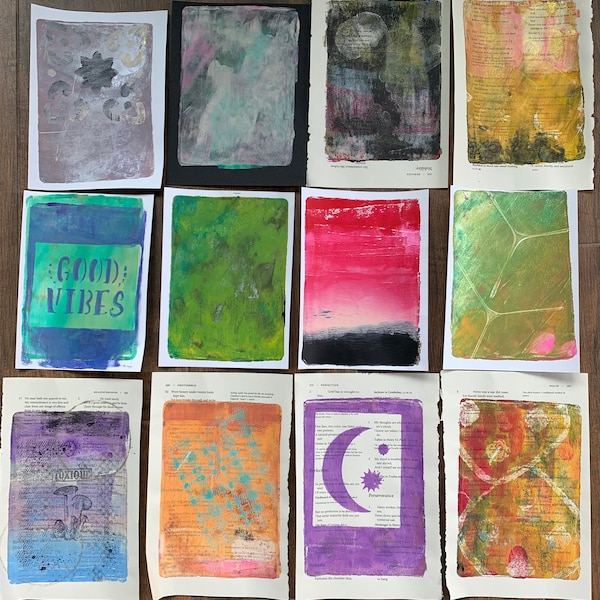 12 Gelli Prints original art on book pages, black mixed media paper, white cardstock for junk journals, collage, painted papers, journals 10
