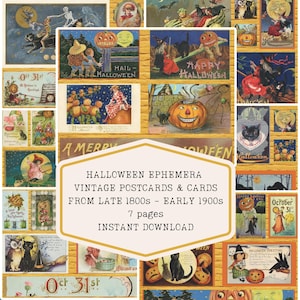 Vintage Halloween Ephemera, 7 druckbare Seiten, Halloween Vintage Postkarten, Collage Sheets, digitaler Download, Junk Journals, Printable, Herbst