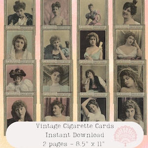 Tarjetas de cigarrillos vintage para imprimir, damas vintage, mujeres vintage, efímeras, hojas de collage, descarga digital, diarios basura, victoriano de 1900