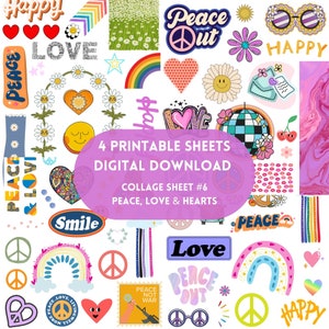 Hojas de collage imprimibles, descarga digital para técnicas mixtas, revistas basura, collage, decoupage, fabricación de tarjetas, efímeras Peace Love Hearts #6