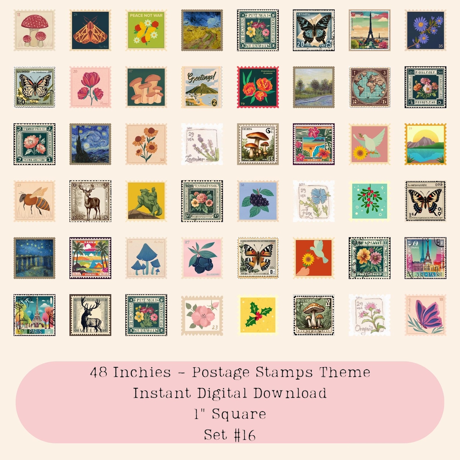 Postage Stamp Inchies: 1" Square Collage Sheet Ephemera - Set #16 ...