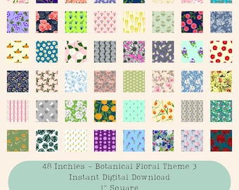Botanical Flower Inchies: 1" Square Collage Sheet Ephemera - Set #15  (Digital Download)