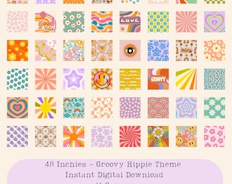 Groovy Hippie Inchies: 2,5 cm quadratische Druckvorlage Ephemera - Set #1 (Digitaler Download)