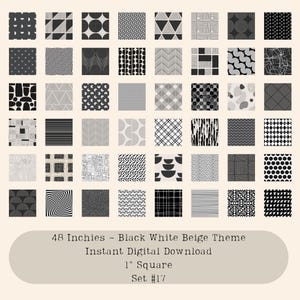 Inchies Bogen zum Ausdrucken, 48 schwarz weiß beige Thema, 1 Zoll, 2,5 cm im Quadrat, 1x1, Junk Journal, Mixed Media, Collage Sheets, Ephemera Set, #17