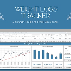 May include: A computer screen displaying a spreadsheet with a weight loss tracker. The spreadsheet includes a line graph showing total calories burned, a bar graph showing daily goal achievement rate, and a table with data about calories burned, calories left to burn, goal deficit per day, and actual deficit per day. The spreadsheet is titled "Solving The Problem's Progress vs Goal".