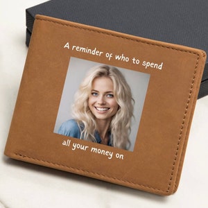 Cartera personalizada para hombre, Cartera de cuero de PU con imagen y texto grabados personalizados, Regalos de aniversario de memoria para él, para papá, Padre de regalo de Navidad,