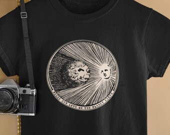 Women's Cut, Black T Shirt, Vintage, Block Print Style, Peace And Love On The Planet Earth, Celestial Shirt, Earth, Sun, Space Shirt