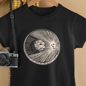 Women's Cut, Black T Shirt, Vintage, Block Print Style, Peace And Love On The Planet Earth, Celestial Shirt, Earth, Sun, Space Shirt