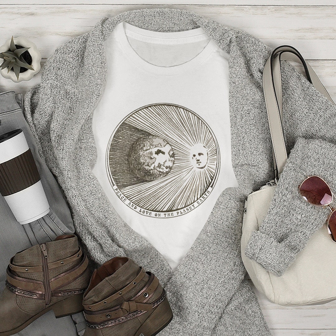 Women's Cut T Shirt, Block Print Style, Peace and Love on the