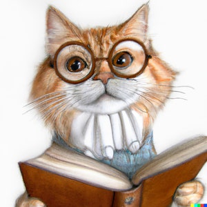 cat with cute glasses reading a book, digital art