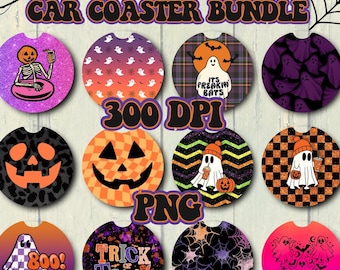 Spooky Halloween Car Coaster PNG Bundle, Sublimation Designs (Digital Download)