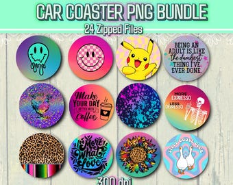 Car Coaster PNG Bundle, Sublimation, DTF, Waterslide Designs (24 Files)