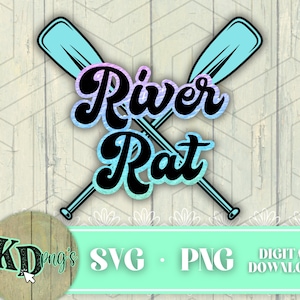 Może przedstawiać: Cyfrowy plik do pobrania z grafiką przedstawiającą dwa skrzyżowane wiosła z tekstem "River Rat" w retro czcionce. Projekt jest na tle imitującym drewno.