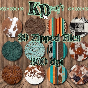 May include: A set of 39 digital files for creating coasters. The files are 300 dpi and feature a variety of designs, including cowhide, paisley, and southwestern patterns.