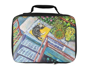 Bolsa de almuerzo acogedora con diseño de gato en el balcón / Paisaje urbano floral pintado