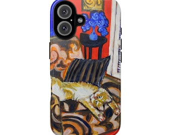 Funda para teléfono con ilustración de gato durmiendo / arte interior colorido, escena de mascota caprichosa
