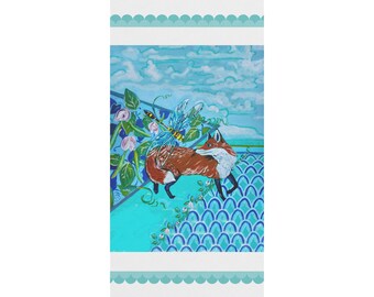 Toalla de playa de zorro y libélula / Ondas florales costeras bohemias