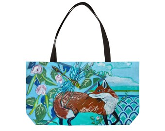Bolsa de fin de semana con diseño de zorro y libélula / Escena botánica de playa azul