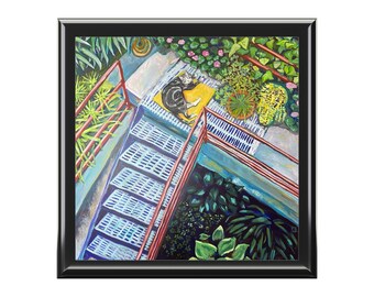 Joyero con diseño de gato en forma de escalera de jardín / Caja de recuerdos con arte botánico colorido