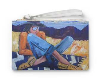 Bolso de mano con estampado artístico de hombre reclinado con mocasines, estilo bohemio de montaña.