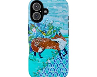 Funda para teléfono con zorro y libélula / Carcasa resistente con ilustración de vida silvestre turquesa / Peavines
