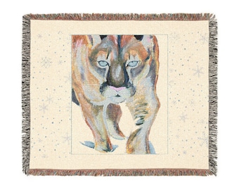 Manta tejida con retrato de puma, pantera y león de montaña / Manta artística de grandes felinos