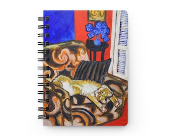 Diario espiral con pintura de gato durmiendo / Cuaderno colorido de arte interior