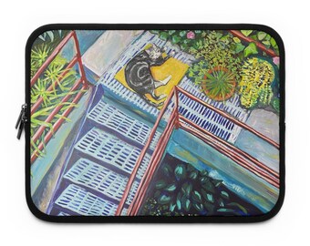 Funda para portátil con pintura de gato de jardín / Arte urbano colorido