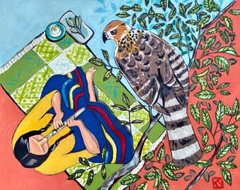 Lámina artística de nativos americanos - Flautista - Halcón de Cooper - Arte narrativo de KS Vann