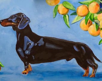 Lámina artística original - Perro salchicha con naranjas - Amantes de los perros - Azul y naranja - Arte mural moderno
