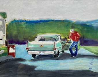 Impresión de pintura de figura de Cadillac vintage, escena tranquila de carretera americana de KS Vann