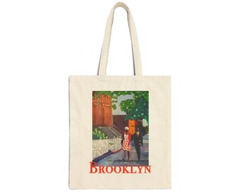 Bolsa de tela con escena callejera de Brooklyn / Ilustración vintage de pareja, paisaje urbano