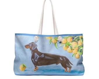 Bolso de fin de semana con perro salchicha y naranjas / Bolso Sunny Dog