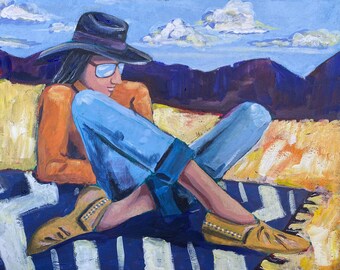 Impresión de bellas artes - Americano - Nativo americano - Mocasines y montañas - Gafas de sol y nubes