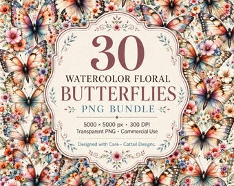 30 Watercolor Floral Butterfly PNG Bundle, Botanical Sublimation Clipart, Commercial Use Included