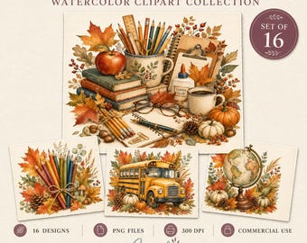 Autumn School Supplies Clipart Set, Watercolor Fall Back to School Set of 16 PNG, Commercial Use