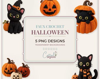 Faux Crochet Halloween PNG Bundle, Black Cat and Pumpkin Sublimation, Commercial Use