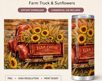 20oz Sunflower Farm Truck Tumbler Wrap PNG, Vintage Red Truck Design, Fall Wheat Watercolor