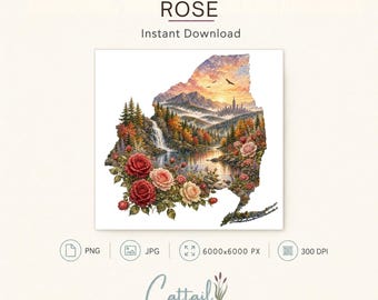 New York State Flower Rose Watercolor PNG, Clipart, Sublimation Design, Commercial Use Digital Download