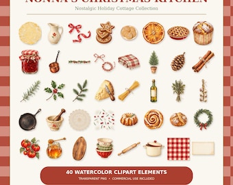 Nonna Christmas Kitchen Clipart, 40 Italian Watercolor Baking PNGs, Commercial Use